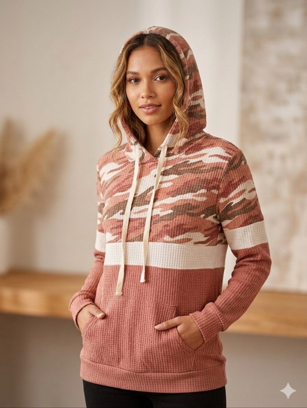 Watermelon Pink Camo Hoodie Waffle Fabric